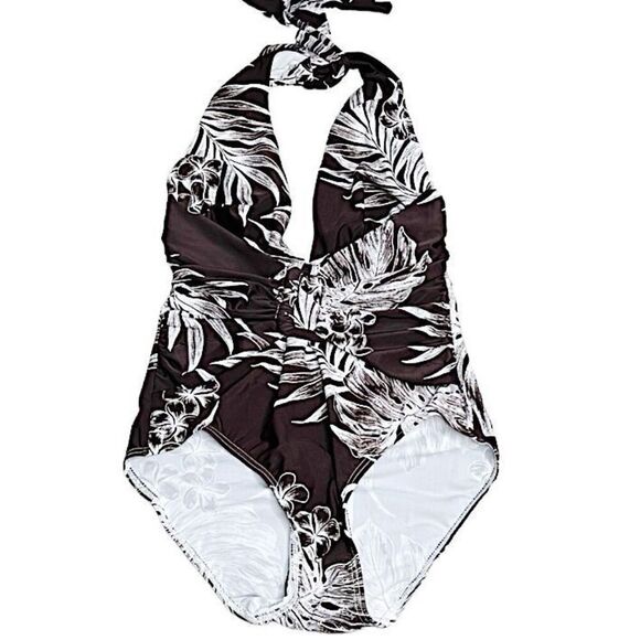 Tommy Bahama Shirred Plunge Halter One Piece Swimsuit in Barolo Brown NWT Size 8